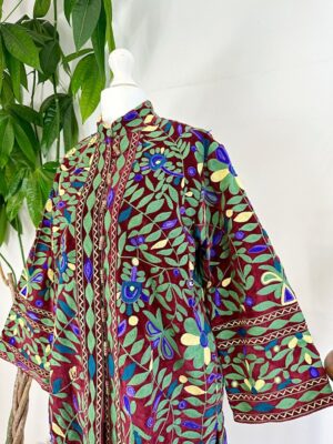 Velvet Suzani Artisan Hand Embroidered Front Open Long Jacket Coat | Elegant Boho Luxury Special Christmas Mom Gift | Maroon Green Voilet - Image 6