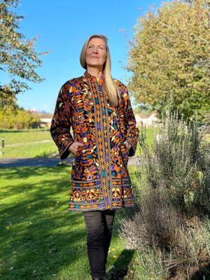 Velvet Suzani Artisan Hand Embroidered Front Open Long Jacket Coat | Elegant Boho Luxury Special Christmas Mom Gift | Maroon Green Voilet - Image 7
