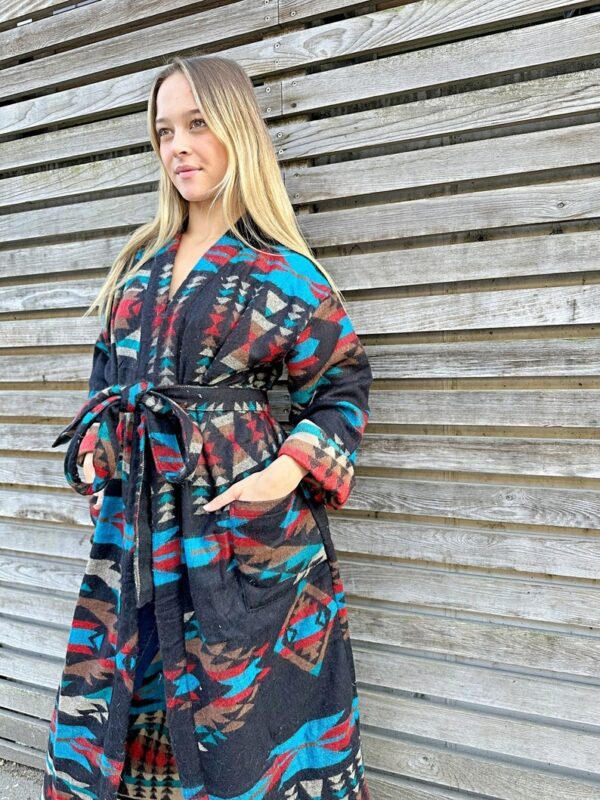 Unisex Yak Wool Blend Cosy Warm Kimono/Robe – Regal Black Red Turquoise Beige Aztec Print Geometric Aztec Diamond Triangles | Christmas Love