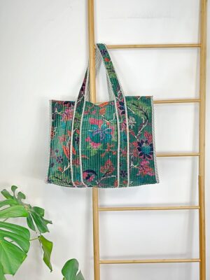 Quilted Velvet Cotton Reversible Extra Large Tote Bag Beach Weekender Eco friendly Sustainable Sturdy Grocery Shopping Emerald Green Floral - Image 2