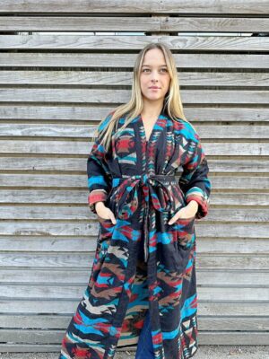 Unisex Yak Wool Blend Cosy Warm Kimono/Robe – Regal Black Red Turquoise Beige Aztec Print Geometric Aztec Diamond Triangles | Christmas Love - Image 3