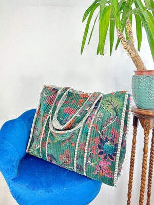 Quilted Velvet Cotton Reversible Extra Large Tote Bag Beach Weekender Eco friendly Sustainable Sturdy Grocery Shopping Emerald Green Floral - Image 3