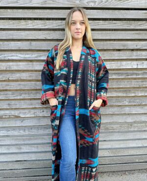 Unisex Yak Wool Blend Cosy Warm Kimono/Robe – Regal Black Red Turquoise Beige Aztec Print Geometric Aztec Diamond Triangles | Christmas Love - Image 4