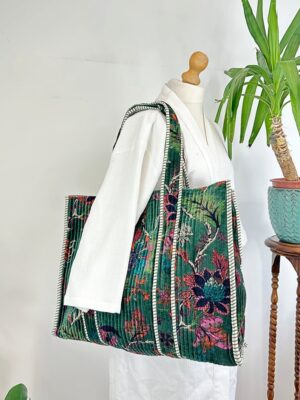 Quilted Velvet Cotton Reversible Extra Large Tote Bag Beach Weekender Eco friendly Sustainable Sturdy Grocery Shopping Emerald Green Floral - Image 4