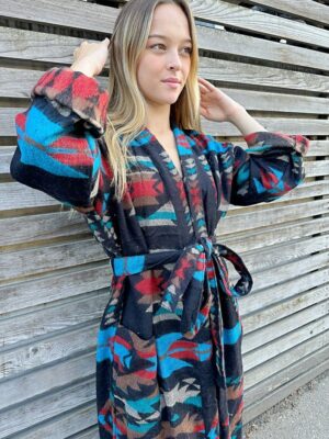 Unisex Yak Wool Blend Cosy Warm Kimono/Robe – Regal Black Red Turquoise Beige Aztec Print Geometric Aztec Diamond Triangles | Christmas Love - Image 5