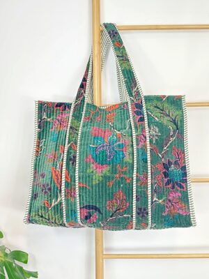 Quilted Velvet Cotton Reversible Extra Large Tote Bag Beach Weekender Eco friendly Sustainable Sturdy Grocery Shopping Emerald Green Floral - Image 5
