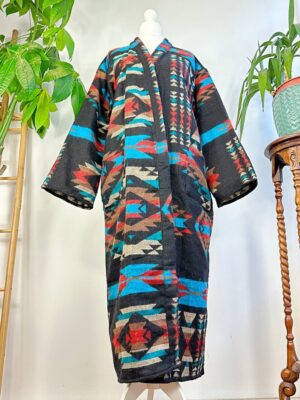 Unisex Yak Wool Blend Cosy Warm Kimono/Robe – Regal Black Red Turquoise Beige Aztec Print Geometric Aztec Diamond Triangles | Christmas Love - Image 6