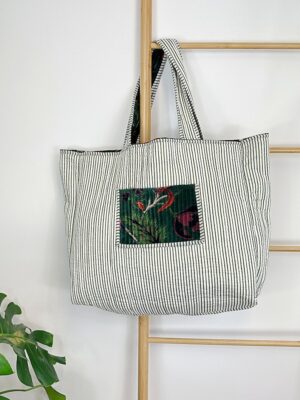 Quilted Velvet Cotton Reversible Extra Large Tote Bag Beach Weekender Eco friendly Sustainable Sturdy Grocery Shopping Emerald Green Floral - Image 6