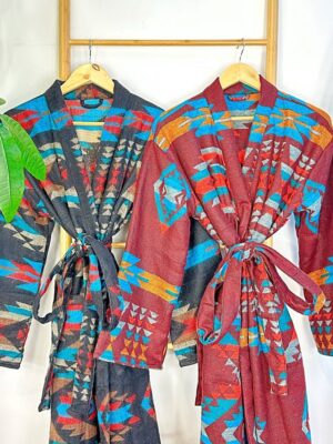 Unisex Yak Wool Blend Cosy Warm Kimono/Robe – Regal Black Red Turquoise Beige Aztec Print Geometric Aztec Diamond Triangles | Christmas Love - Image 9