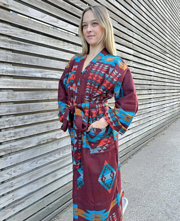 Unisex Yak Wool Blend Geometric Kimono/Robe – Regal Brick Deep Maroon Turquoise Mustard Urban Diamond Aztec Print Warm Hygge Christmas