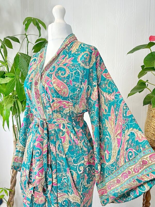 New Silky Sari Boho Kimono Regal House Robe - Luxury Lounge Flowy Gown Paisley Festival Gift | Turquoise Aqua Rose Pink Bloom Duster Coverup