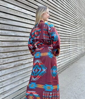 Unisex Yak Wool Blend Geometric Kimono/Robe – Regal Brick Deep Maroon Turquoise Mustard Urban Diamond Aztec Print Warm Hygge Christmas - Image 2
