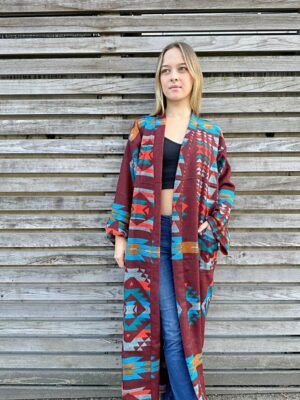 Unisex Yak Wool Blend Geometric Kimono/Robe – Regal Brick Deep Maroon Turquoise Mustard Urban Diamond Aztec Print Warm Hygge Christmas - Image 3