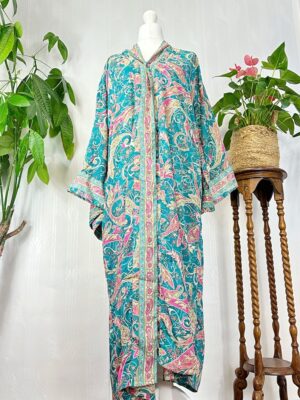 New Silky Sari Boho Kimono Regal House Robe - Luxury Lounge Flowy Gown Paisley Festival Gift | Turquoise Aqua Rose Pink Bloom Duster Coverup - Image 3