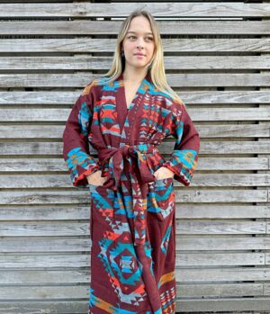 Unisex Yak Wool Blend Geometric Kimono/Robe – Regal Brick Deep Maroon Turquoise Mustard Urban Diamond Aztec Print Warm Hygge Christmas - Image 4