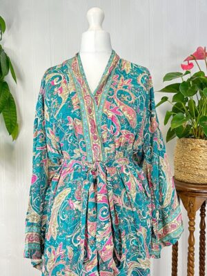 New Silky Sari Boho Kimono Regal House Robe - Luxury Lounge Flowy Gown Paisley Festival Gift | Turquoise Aqua Rose Pink Bloom Duster Coverup - Image 4