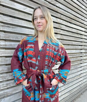 Unisex Yak Wool Blend Geometric Kimono/Robe – Regal Brick Deep Maroon Turquoise Mustard Urban Diamond Aztec Print Warm Hygge Christmas - Image 5