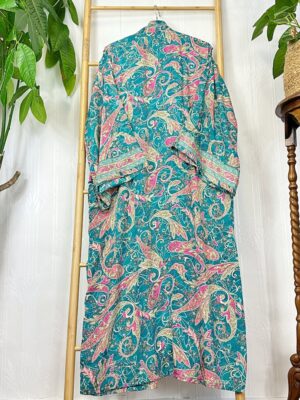 New Silky Sari Boho Kimono Regal House Robe - Luxury Lounge Flowy Gown Paisley Festival Gift | Turquoise Aqua Rose Pink Bloom Duster Coverup - Image 5