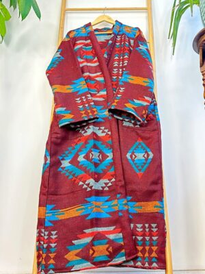 Unisex Yak Wool Blend Geometric Kimono/Robe – Regal Brick Deep Maroon Turquoise Mustard Urban Diamond Aztec Print Warm Hygge Christmas - Image 6