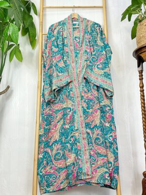 New Silky Sari Boho Kimono Regal House Robe - Luxury Lounge Flowy Gown Paisley Festival Gift | Turquoise Aqua Rose Pink Bloom Duster Coverup - Image 6