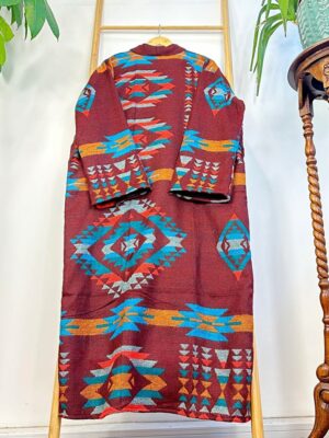 Unisex Yak Wool Blend Geometric Kimono/Robe – Regal Brick Deep Maroon Turquoise Mustard Urban Diamond Aztec Print Warm Hygge Christmas - Image 7