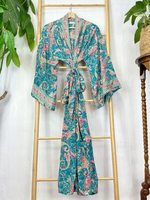 New Silky Sari Boho Kimono Regal House Robe - Luxury Lounge Flowy Gown Paisley Festival Gift | Turquoise Aqua Rose Pink Bloom Duster Coverup - Image 7