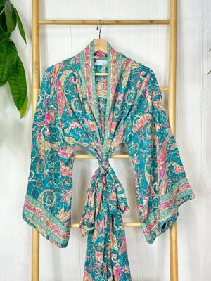 New Silky Sari Boho Kimono Regal House Robe - Luxury Lounge Flowy Gown Paisley Festival Gift | Turquoise Aqua Rose Pink Bloom Duster Coverup - Image 8