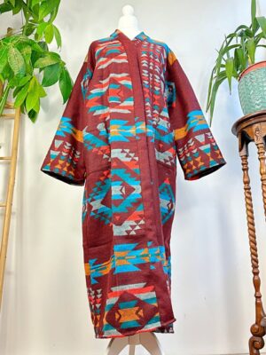Unisex Yak Wool Blend Geometric Kimono/Robe – Regal Brick Deep Maroon Turquoise Mustard Urban Diamond Aztec Print Warm Hygge Christmas - Image 9
