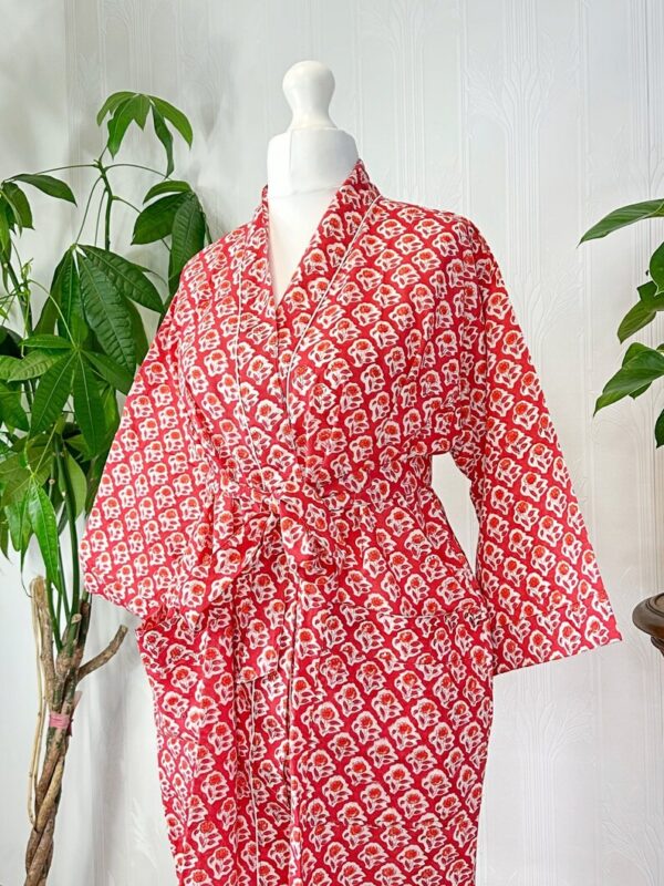 Pure Cotton Handprinted House Robe Tropical Kimono | Red White Mughal Mini Motif Gardenia Beach Coverup/Comfy Maternity Gift Christmas Vibe