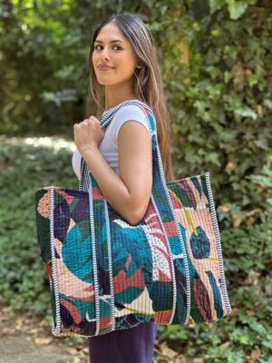 Quilted Velvet Cotton Reversible Extra Large Tote Bag Beach Weekender Eco friendly Sustainable Sturdy Grocery Shopping Summer Abstract Art - Image 9