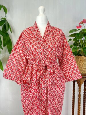 Pure Cotton Handprinted House Robe Tropical Kimono | Red White Mughal Mini Motif Gardenia Beach Coverup/Comfy Maternity Gift Christmas Vibe - Image 2