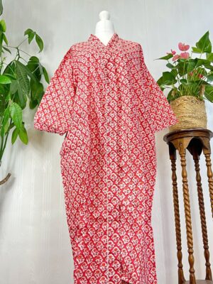Pure Cotton Handprinted House Robe Tropical Kimono | Red White Mughal Mini Motif Gardenia Beach Coverup/Comfy Maternity Gift Christmas Vibe - Image 3
