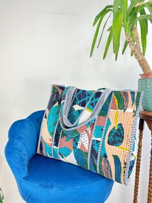 Quilted Velvet Cotton Reversible Extra Large Tote Bag Beach Weekender Eco friendly Sustainable Sturdy Grocery Shopping Summer Abstract Art - Image 4