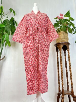 Pure Cotton Handprinted House Robe Tropical Kimono | Red White Mughal Mini Motif Gardenia Beach Coverup/Comfy Maternity Gift Christmas Vibe - Image 4