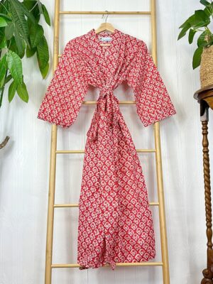 Pure Cotton Handprinted House Robe Tropical Kimono | Red White Mughal Mini Motif Gardenia Beach Coverup/Comfy Maternity Gift Christmas Vibe - Image 5