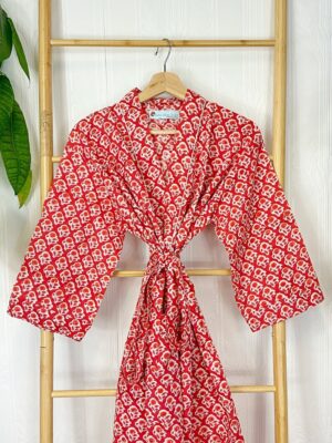 Pure Cotton Handprinted House Robe Tropical Kimono | Red White Mughal Mini Motif Gardenia Beach Coverup/Comfy Maternity Gift Christmas Vibe - Image 6