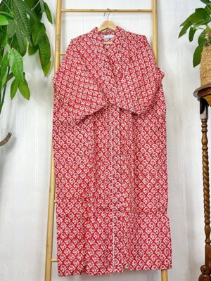 Pure Cotton Handprinted House Robe Tropical Kimono | Red White Mughal Mini Motif Gardenia Beach Coverup/Comfy Maternity Gift Christmas Vibe - Image 7