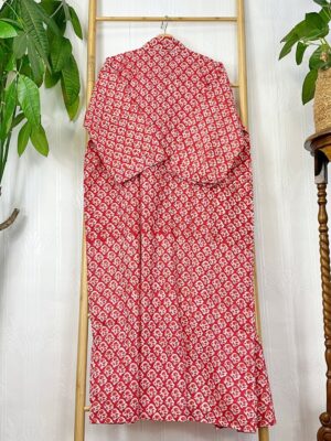 Pure Cotton Handprinted House Robe Tropical Kimono | Red White Mughal Mini Motif Gardenia Beach Coverup/Comfy Maternity Gift Christmas Vibe - Image 8