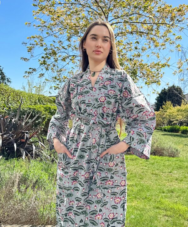 Pure Cotton Handprinted House Robe Tropical Kimono - Pastel Grey Olive Green Pink Bloom Lotus Beach Coverup/Comfy Maternity
