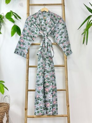 Pure Cotton Handprinted House Robe Tropical Kimono - Pastel Grey Olive Green Pink Bloom Lotus Beach Coverup/Comfy Maternity - Image 2