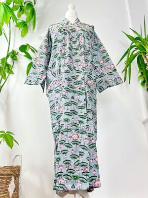 Pure Cotton Handprinted House Robe Tropical Kimono - Pastel Grey Olive Green Pink Bloom Lotus Beach Coverup/Comfy Maternity - Image 3