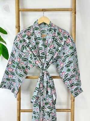 Pure Cotton Handprinted House Robe Tropical Kimono - Pastel Grey Olive Green Pink Bloom Lotus Beach Coverup/Comfy Maternity - Image 4