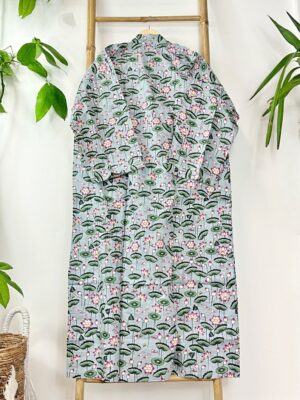 Pure Cotton Handprinted House Robe Tropical Kimono - Pastel Grey Olive Green Pink Bloom Lotus Beach Coverup/Comfy Maternity - Image 5
