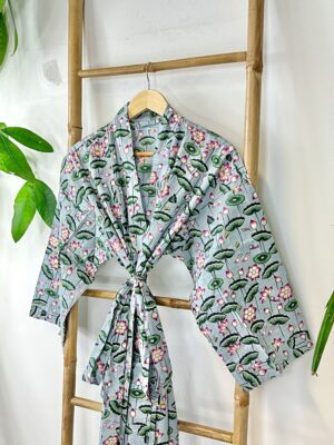 Pure Cotton Handprinted House Robe Tropical Kimono - Pastel Grey Olive Green Pink Bloom Lotus Beach Coverup/Comfy Maternity - Image 6
