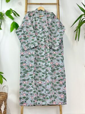 Pure Cotton Handprinted House Robe Tropical Kimono - Pastel Grey Olive Green Pink Bloom Lotus Beach Coverup/Comfy Maternity - Image 7