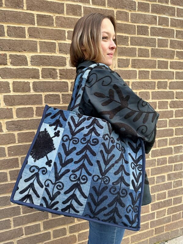 Denim Recycled Patchwork Suzani Hand Embroidery Large Tote Bag Beach Weekender Eco friendly Sustainable Sturdy Grocery Shopping Blue Black