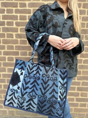 Denim Recycled Patchwork Suzani Hand Embroidery Large Tote Bag Beach Weekender Eco friendly Sustainable Sturdy Grocery Shopping Blue Black - Image 3