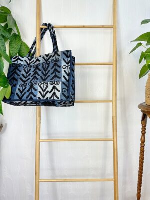 Denim Recycled Patchwork Suzani Hand Embroidery Large Tote Bag Beach Weekender Eco friendly Sustainable Sturdy Grocery Shopping Blue Black - Image 4