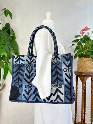 Denim Recycled Patchwork Suzani Hand Embroidery Large Tote Bag Beach Weekender Eco friendly Sustainable Sturdy Grocery Shopping Blue Black - Image 5