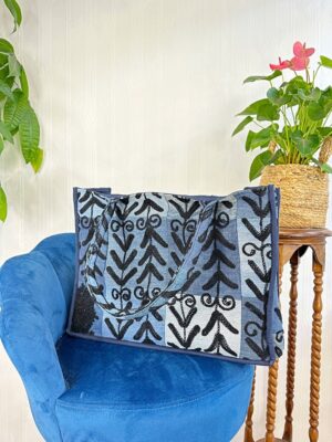 Denim Recycled Patchwork Suzani Hand Embroidery Large Tote Bag Beach Weekender Eco friendly Sustainable Sturdy Grocery Shopping Blue Black - Image 6